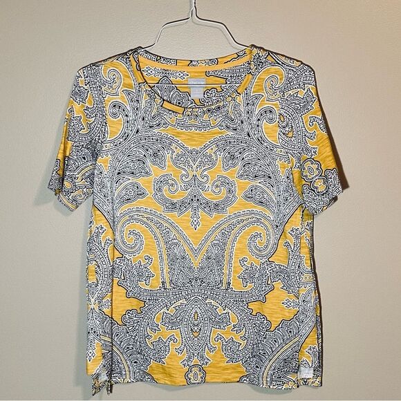 Chico’s Ladies Gold Black & White Tunic Top Sz Small - Picture 1 of 7
